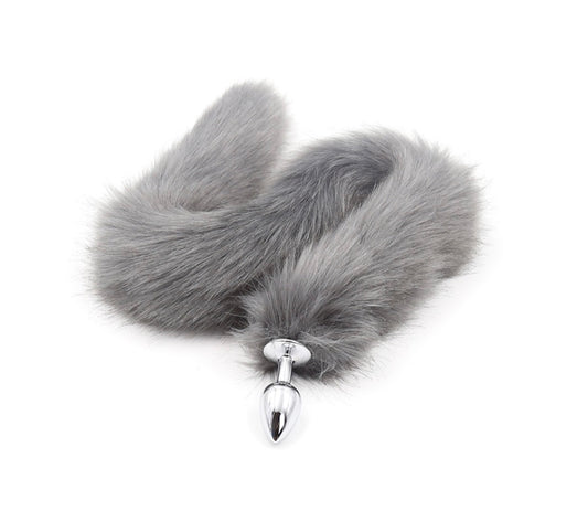 Metal Butt Plug - Grey Fox Tail